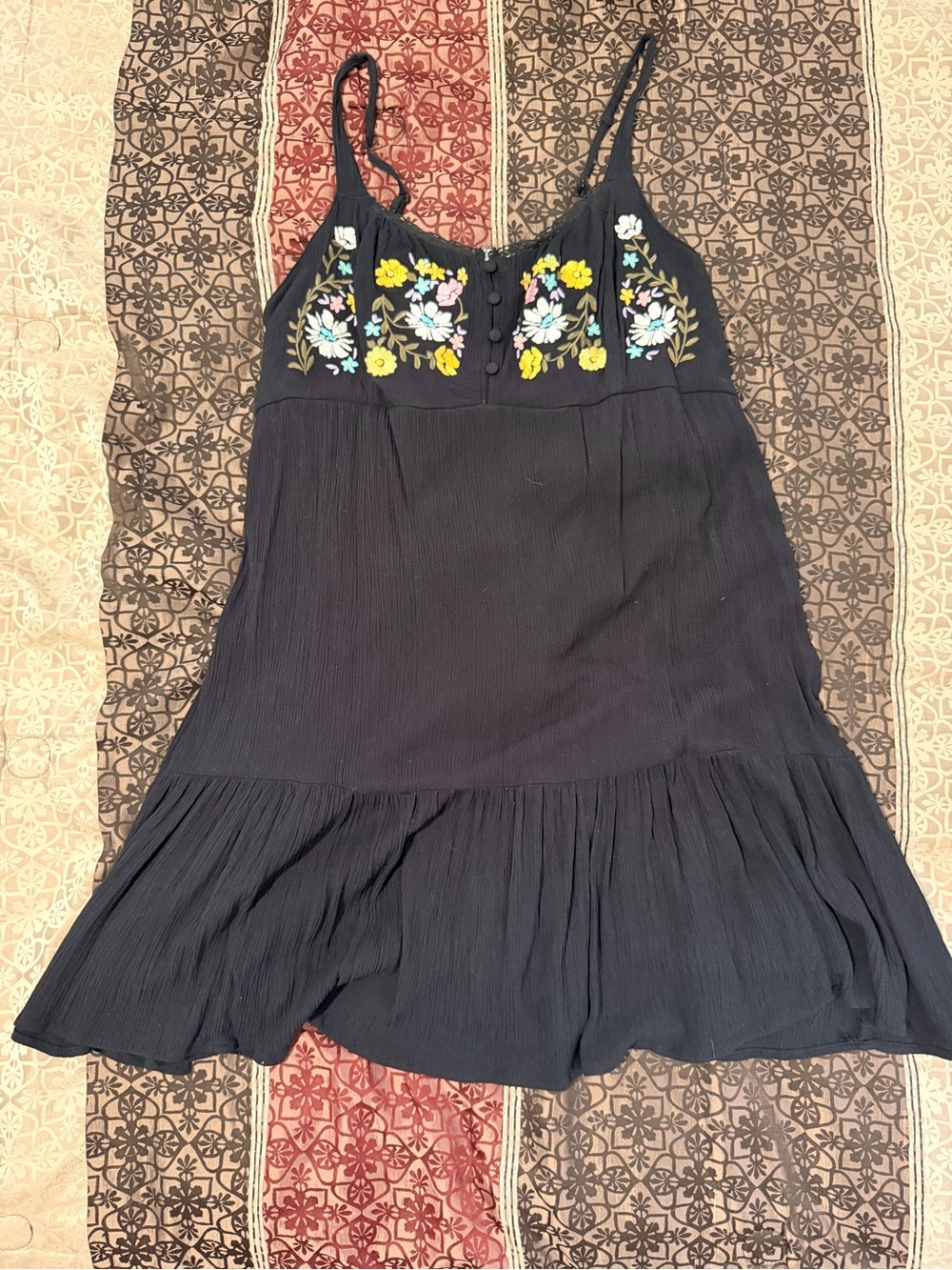 Arizona Jean Company Black Spaghetti Strap Dress with Floral Embroidery